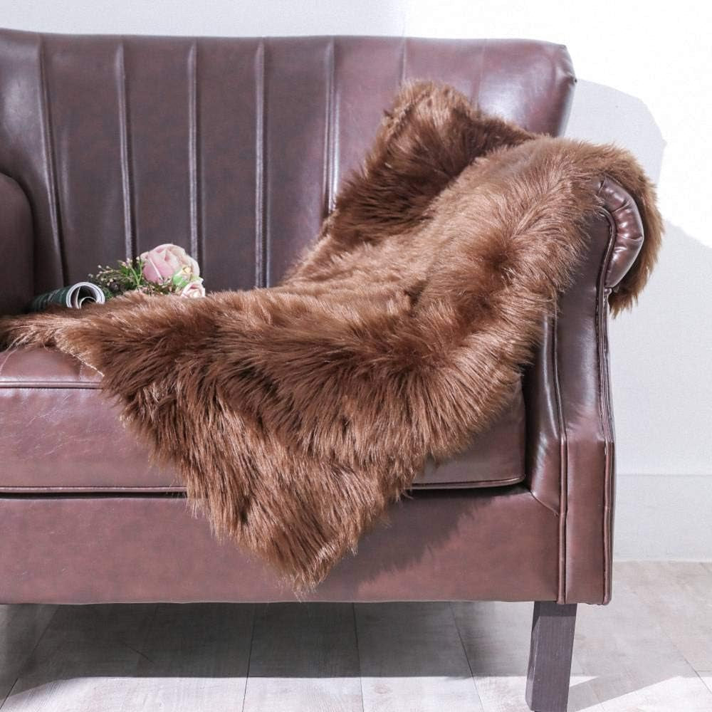 Fluffy Shaggy Soft Faux Sheepskin Fur Area Rugs Floor Mat Chair Sofa Cover beside Carpet for Bedroom Living Room, 2Ft X 3Ft, Brown