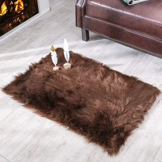Fluffy Shaggy Soft Faux Sheepskin Fur Area Rugs Floor Mat Chair Sofa Cover beside Carpet for Bedroom Living Room, 2Ft X 3Ft, Brown