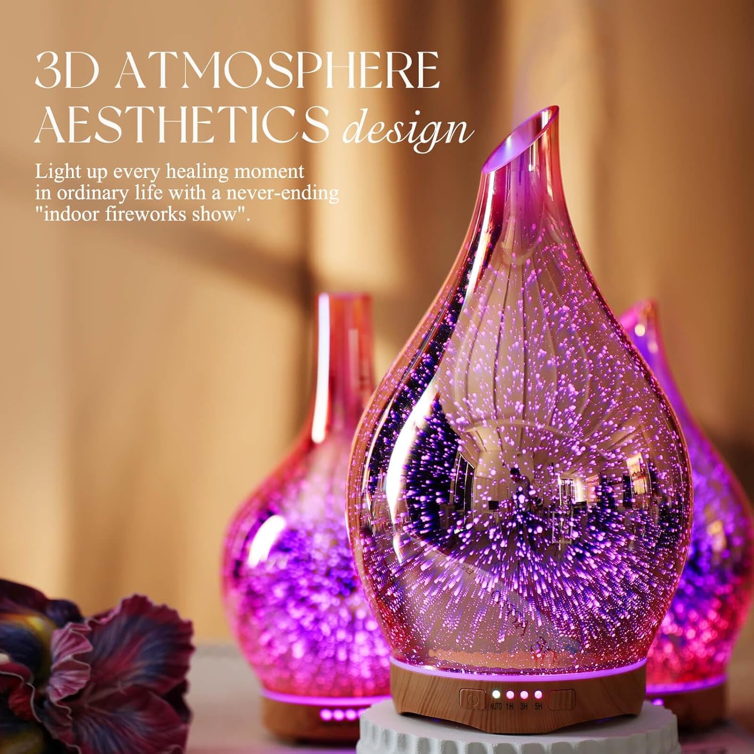 280Ml Essential Oil Diffuser, 3D Glass Aromatherapy Diffusor, Ultrasonic Cool Mist BPA Free Aroma Humidifier with Timer and Color Changing Function, Waterless Shut-Off for Home Office Room