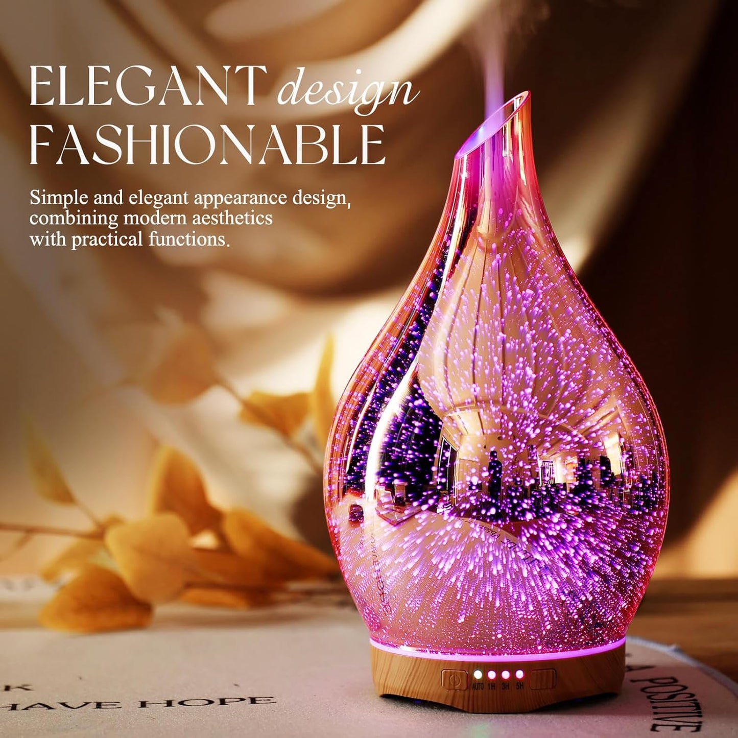 280Ml Essential Oil Diffuser, 3D Glass Aromatherapy Diffusor, Ultrasonic Cool Mist BPA Free Aroma Humidifier with Timer and Color Changing Function, Waterless Shut-Off for Home Office Room