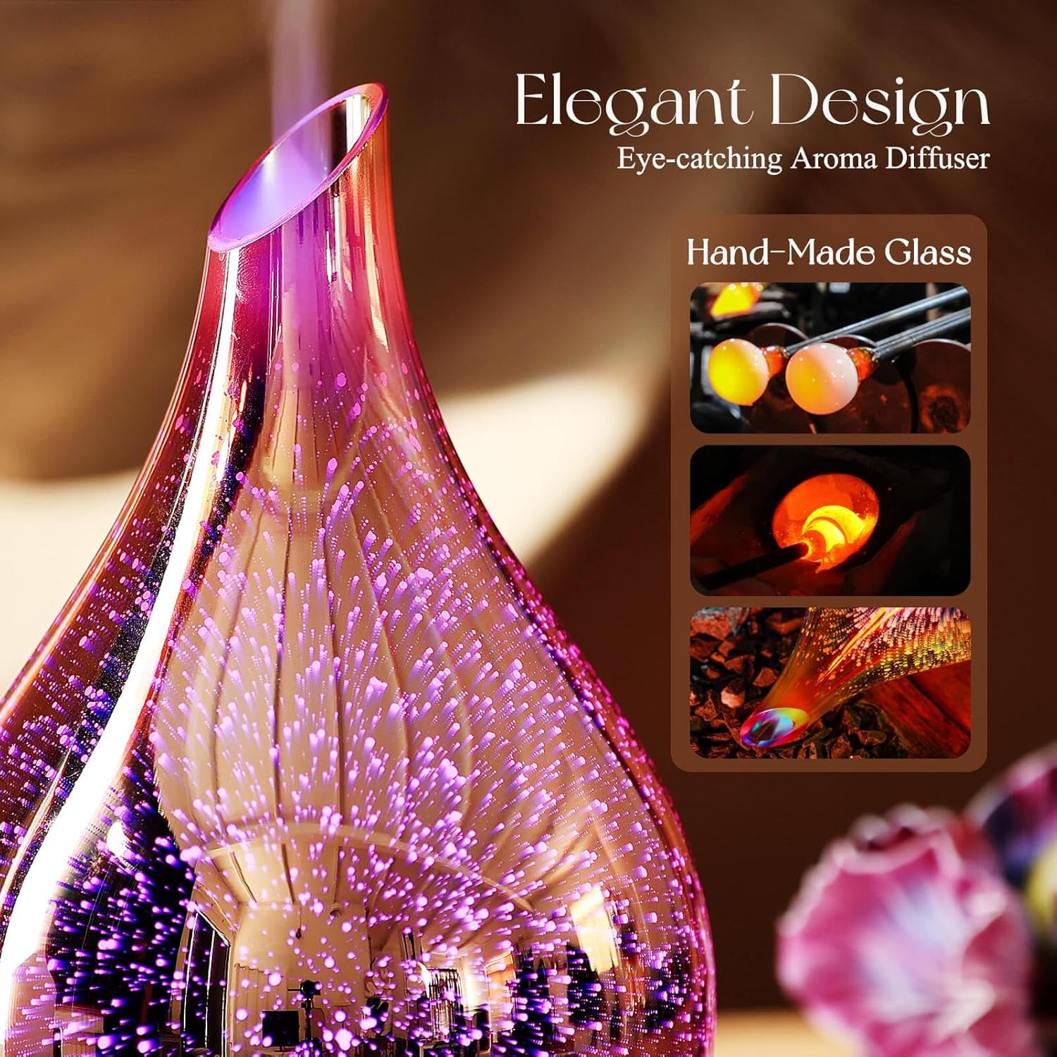 280Ml Essential Oil Diffuser, 3D Glass Aromatherapy Diffusor, Ultrasonic Cool Mist BPA Free Aroma Humidifier with Timer and Color Changing Function, Waterless Shut-Off for Home Office Room