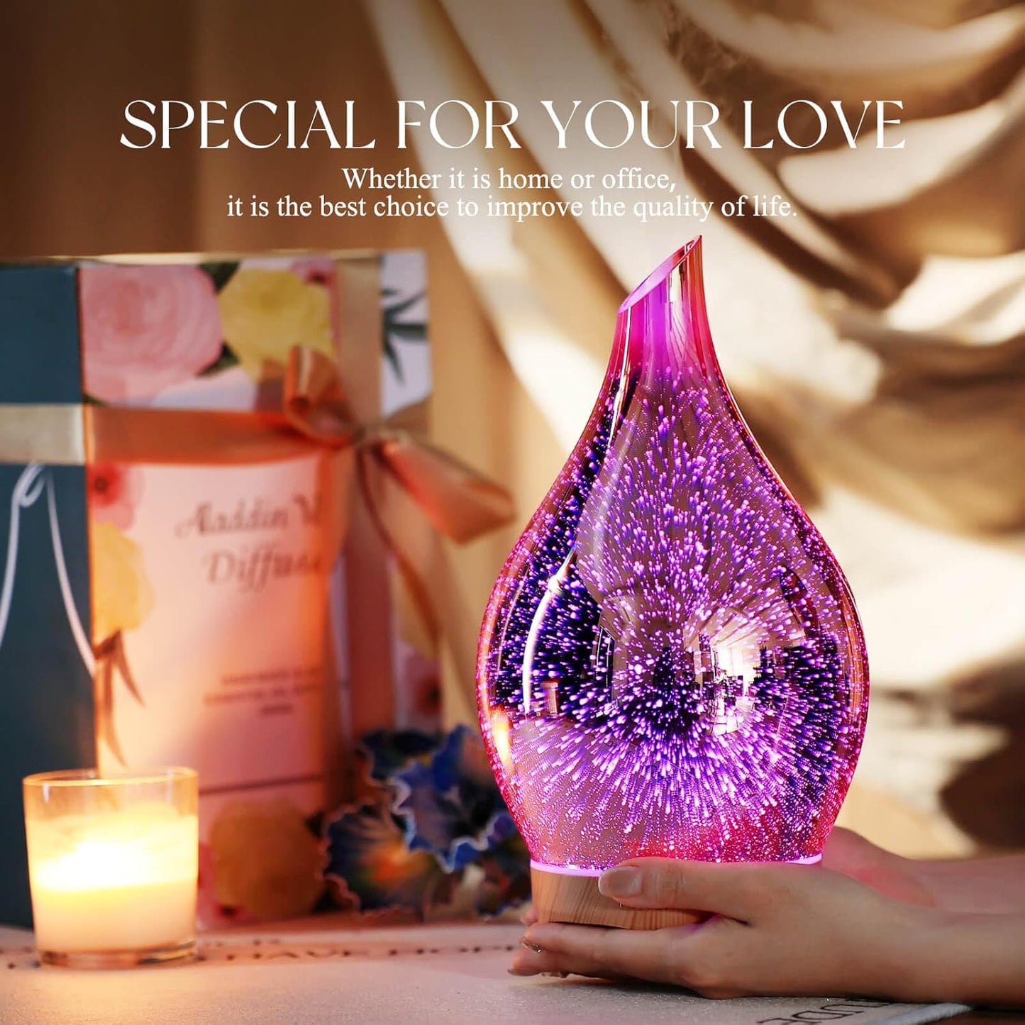 280Ml Essential Oil Diffuser, 3D Glass Aromatherapy Diffusor, Ultrasonic Cool Mist BPA Free Aroma Humidifier with Timer and Color Changing Function, Waterless Shut-Off for Home Office Room