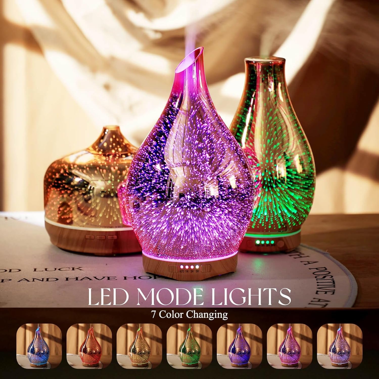 280Ml Essential Oil Diffuser, 3D Glass Aromatherapy Diffusor, Ultrasonic Cool Mist BPA Free Aroma Humidifier with Timer and Color Changing Function, Waterless Shut-Off for Home Office Room