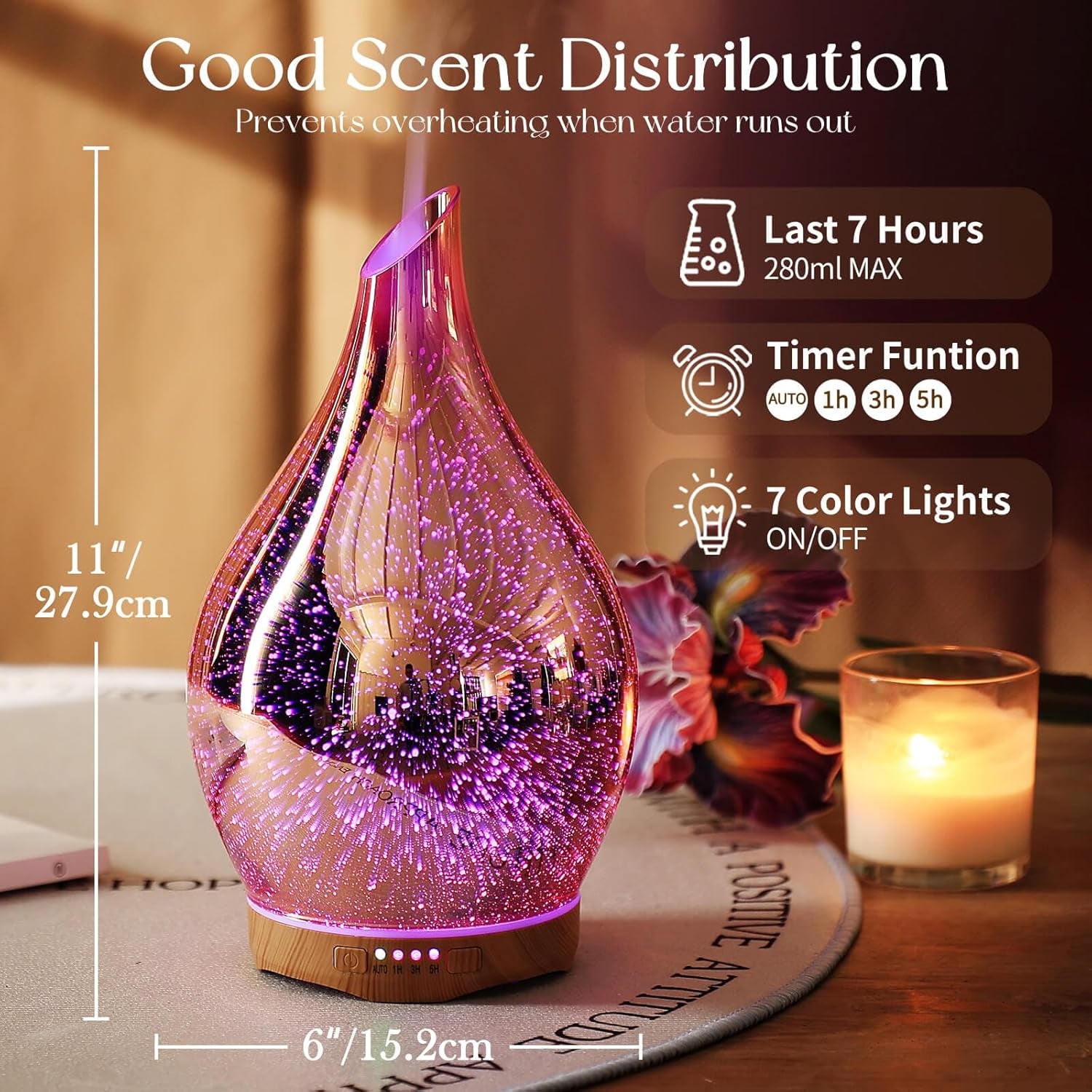 280Ml Essential Oil Diffuser, 3D Glass Aromatherapy Diffusor, Ultrasonic Cool Mist BPA Free Aroma Humidifier with Timer and Color Changing Function, Waterless Shut-Off for Home Office Room