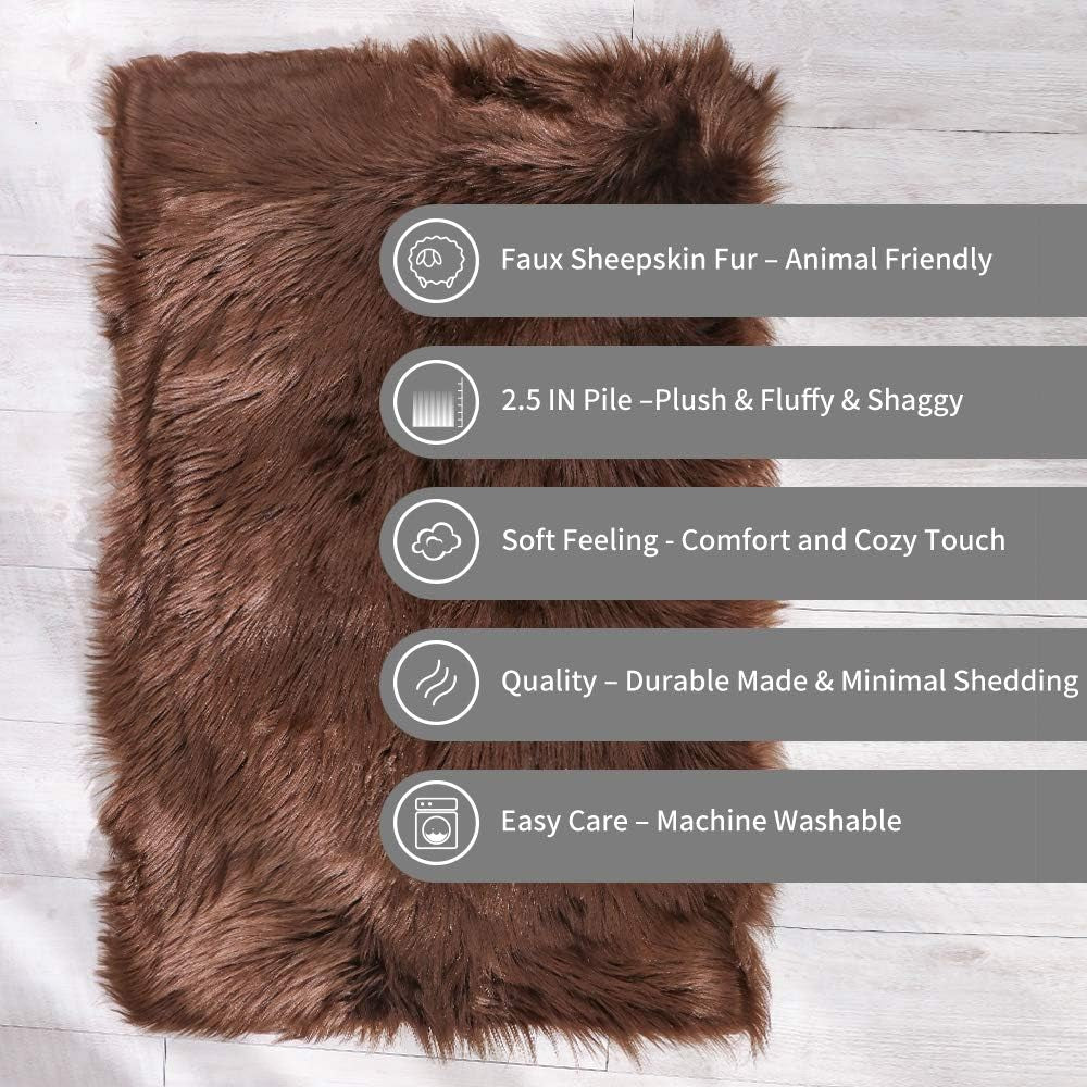 Fluffy Shaggy Soft Faux Sheepskin Fur Area Rugs Floor Mat Chair Sofa Cover beside Carpet for Bedroom Living Room, 2Ft X 3Ft, Brown